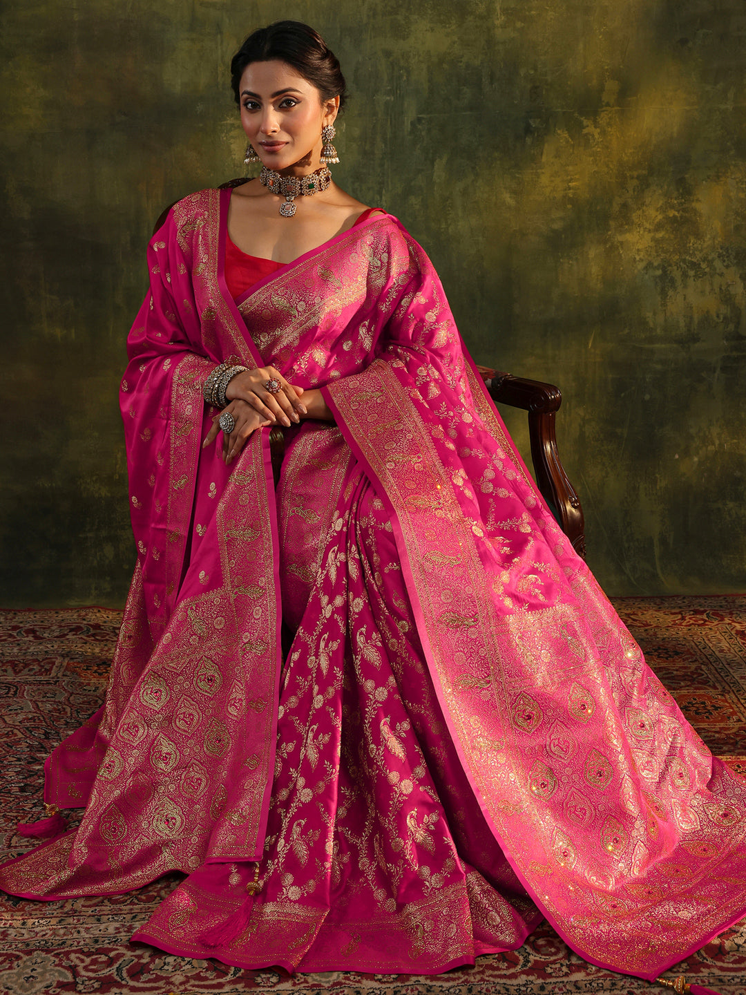  Pink Banarasi Silk Saree With Unstitched Blouse And Dupatta 