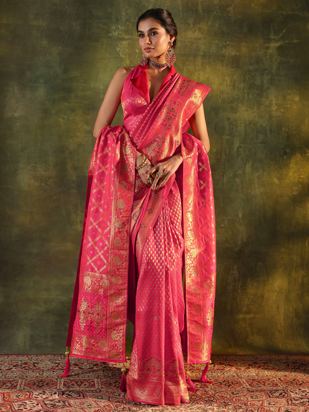  Pink Banarasi Silk Saree With Unstitched Blouse And Dupatta 