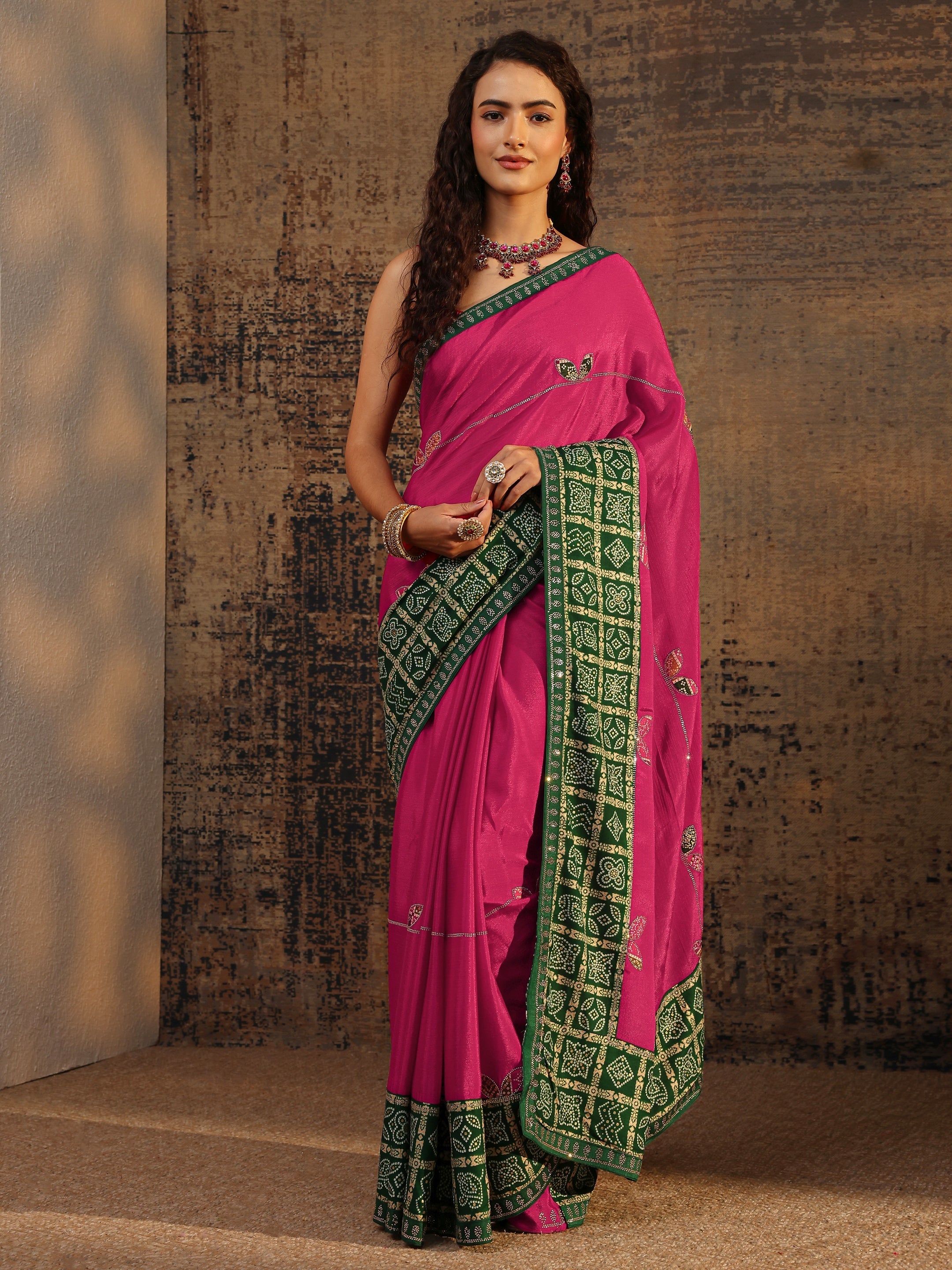 libas Pink Bandhani Embellished Silk Blend Saree With Unstitched Blouse Piece-picture-37