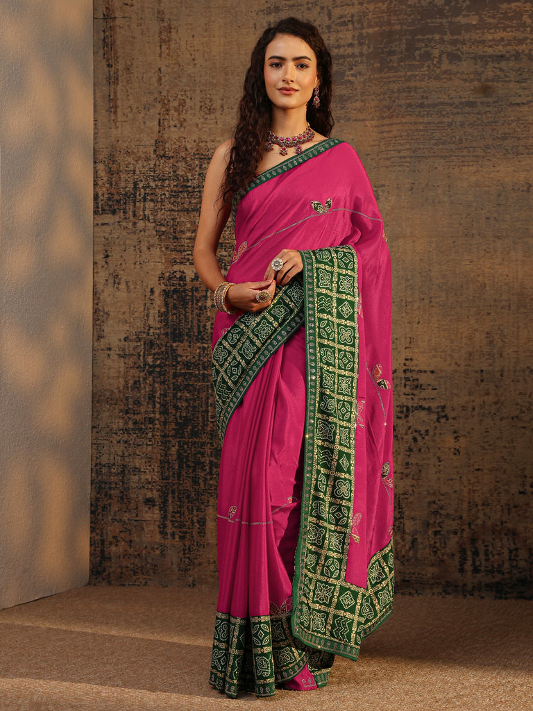 Libas Pink Bandhani Embellished Silk Blend Saree With Unstitched Blouse Piece