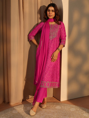 Libas Pink Bandhani Embroidered Silk Blend Straight Suit Set With Dupatta