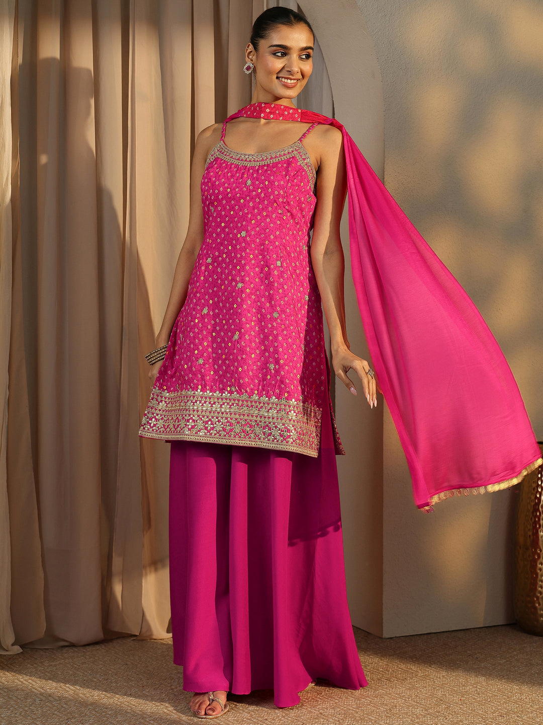  Pink Bandhani Embroidered Silk Blend Straight Suit Set With Dupatta 