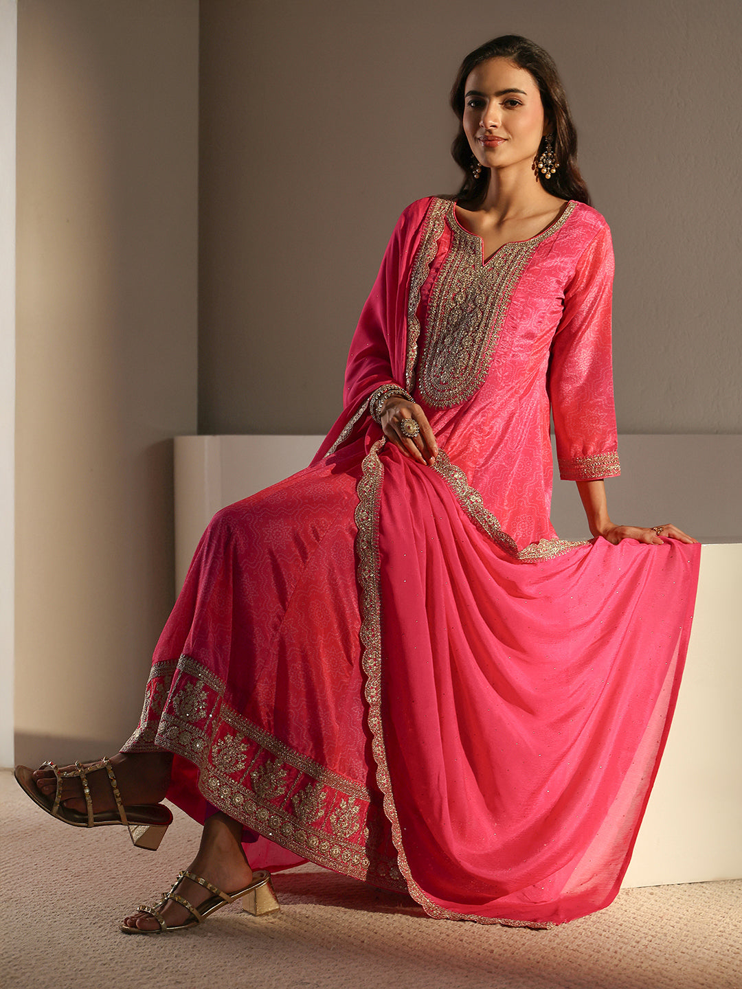 Pink Bandhani Printed Chinon Anarkali Suit Set With Dupatta-image-7