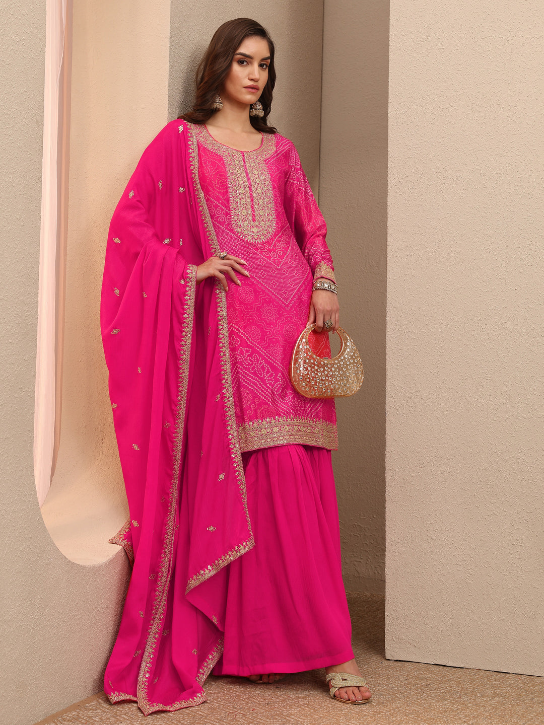 Pink Bandhani Printed Chinon Straight Sharara Suit Set With Dupatta