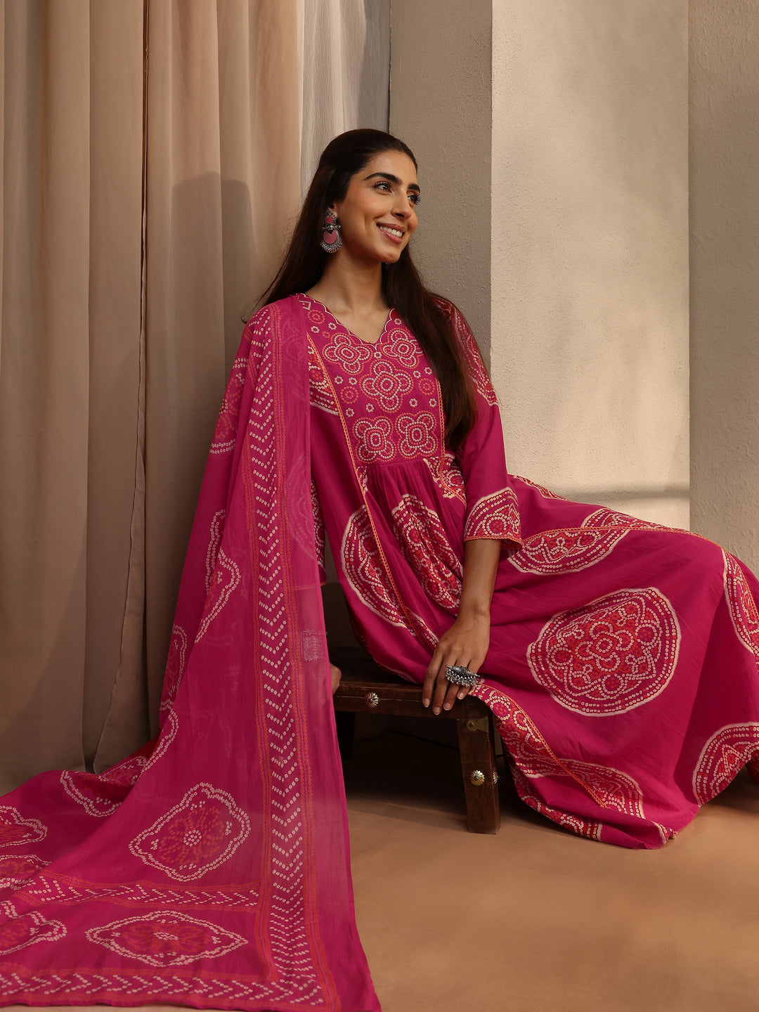  Pink Bandhani Printed Cotton Blend A-Line Suit Set With Dupatta 