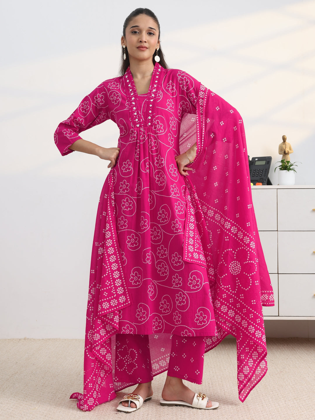  Pink Bandhani Printed Cotton Blend A-Line Suit Set With Dupatta 