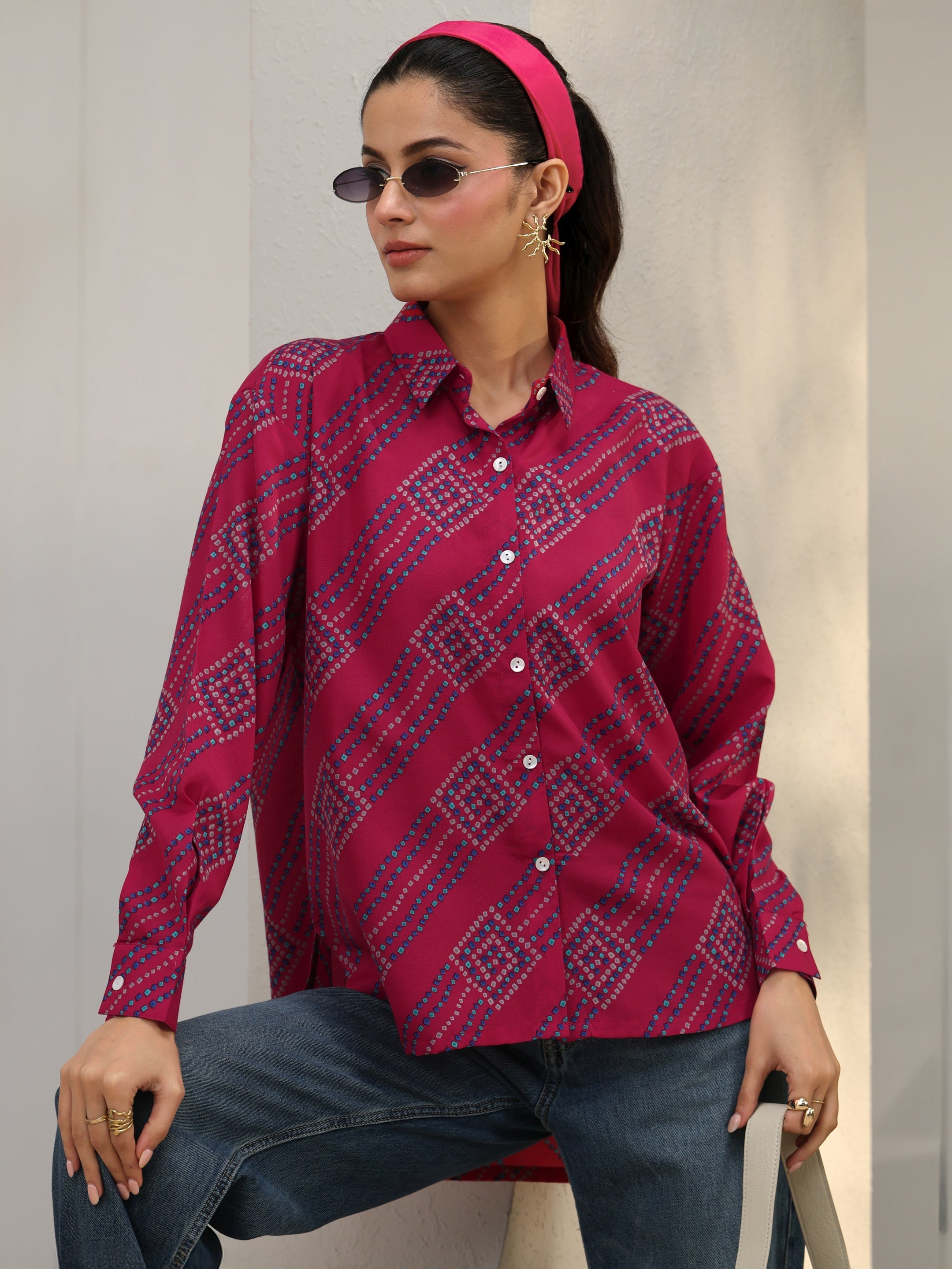 Pink Bandhani Printed Cotton Blend Shirt-image-12