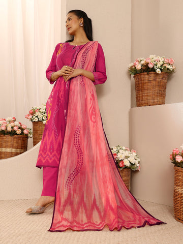 Libas Pink Bandhani Printed Cotton Straight Suit Set With Dupatta