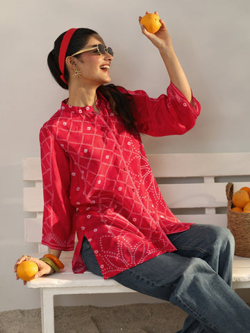 Libas Pink Bandhani Printed Crepe Shirt
