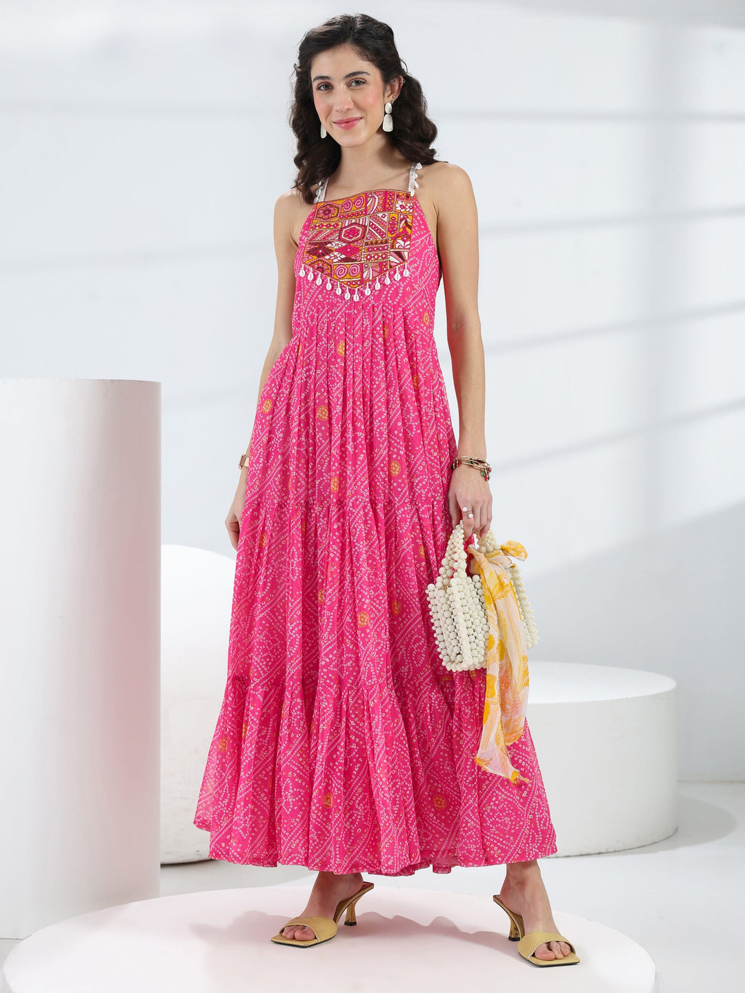  Pink Bandhani Printed Georgette Fit-And-Flare One-Piece Dress 