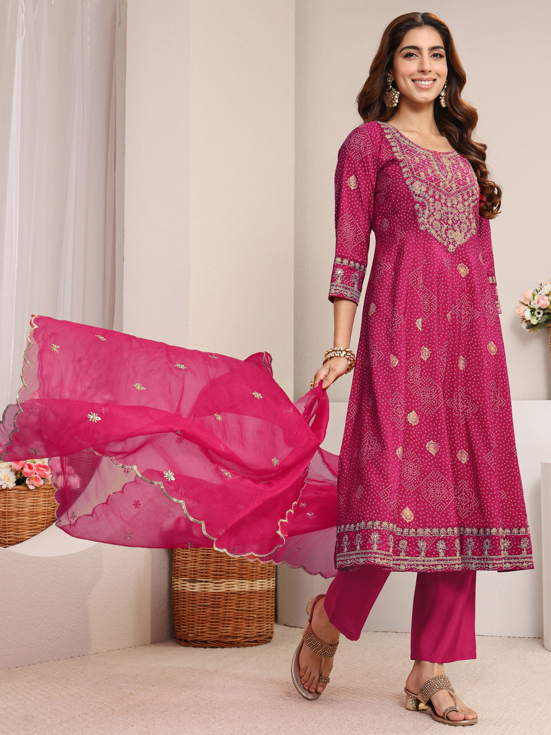  Pink Bandhani Printed Silk Blend A-Line Suit Set With Dupatta 
