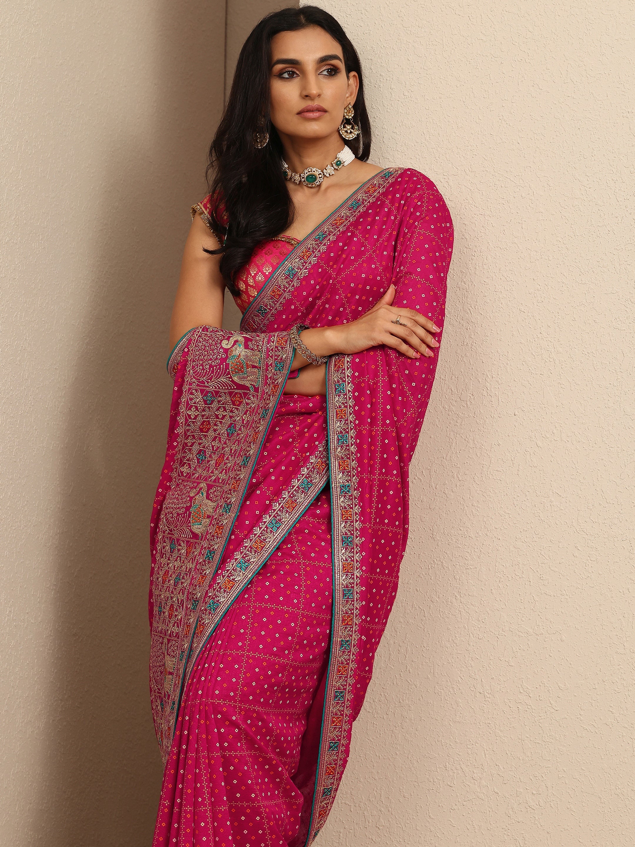 libas Pink Bandhani Printed Silk Blend Saree With Unstitched Blouse Piece-picture-14