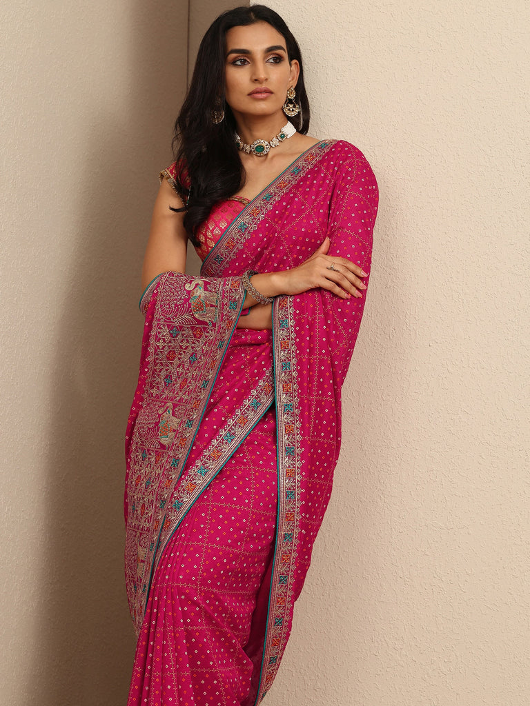 Libas Pink Bandhani Printed Silk Blend Saree With Unstitched Blouse Piece