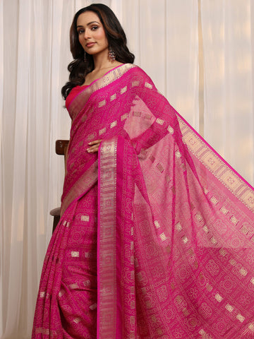 Pink Bandhani Printed Silk Blend Saree 
With Unstitched Blouse Piece