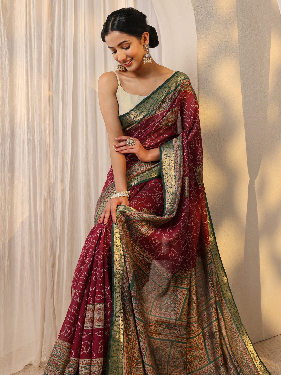  Pink Bandhani Printed Silk Blend Saree With Unstitched Blouse Piece 