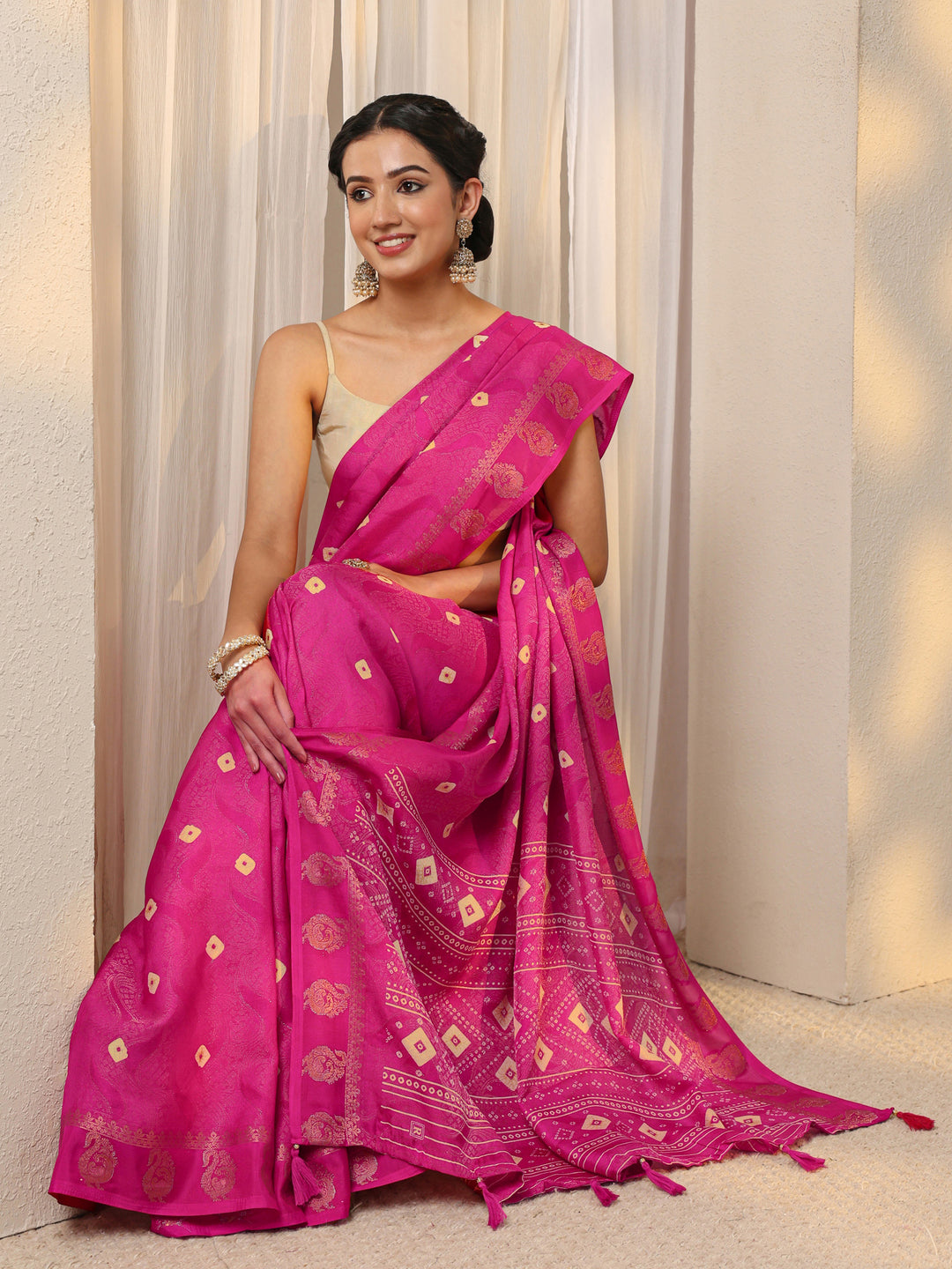  Pink Bandhani Printed Silk Blend Saree With Unstitched Blouse Piece 