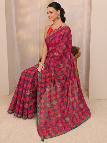 Pink Bandhani Printed Silk Blend Saree 
With Unstitched Blouse Piece