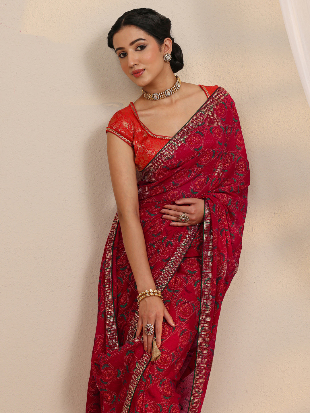  Pink Bandhani Printed Silk Blend Saree With Unstitched Blouse Piece 