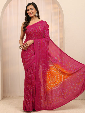 Pink Bandhani Printed Silk Blend Saree 
With Unstitched Blouse Piece
