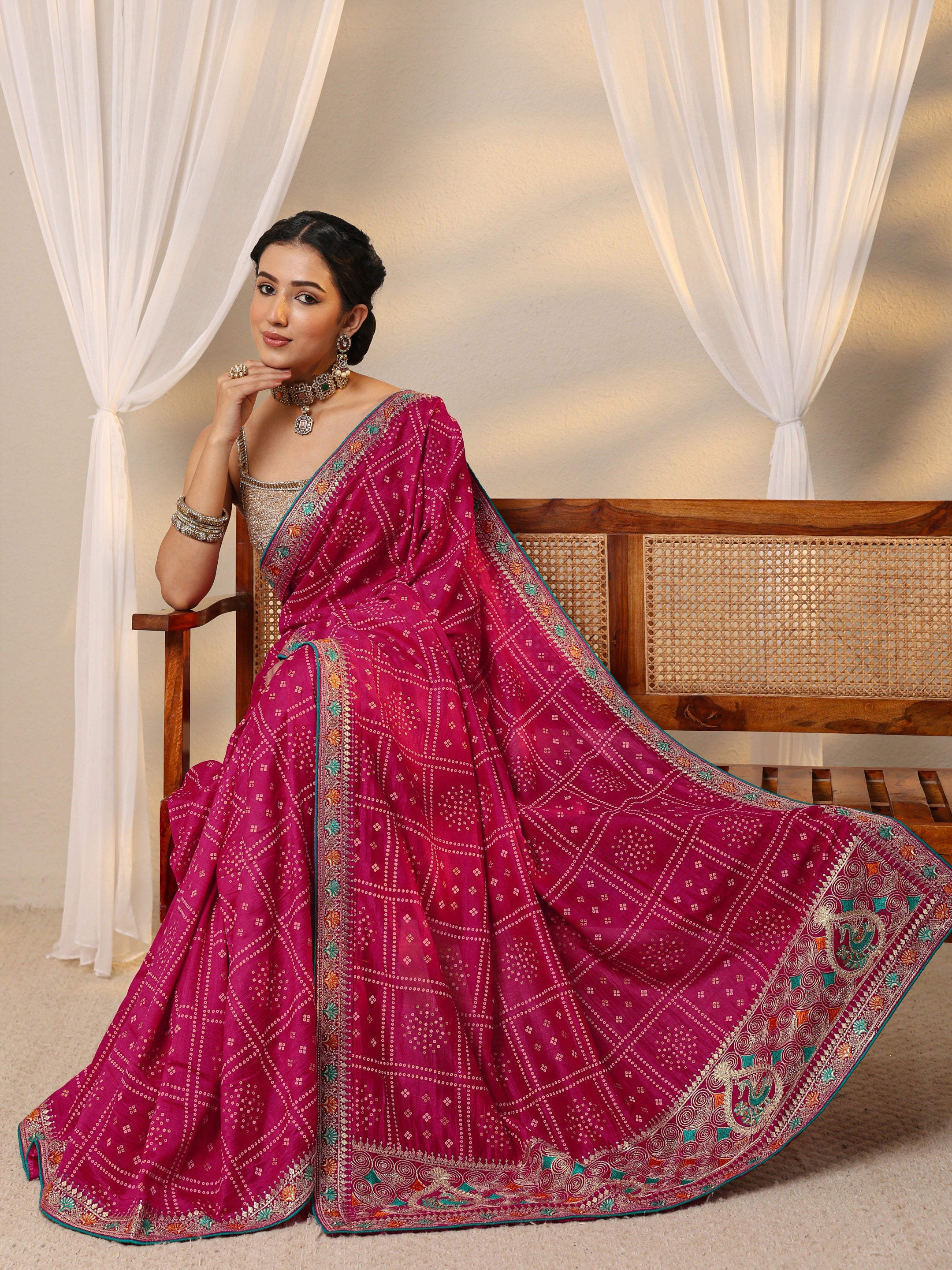 libas Pink Bandhani Printed Silk Blend Saree With Unstitched Blouse Piece-picture-27
