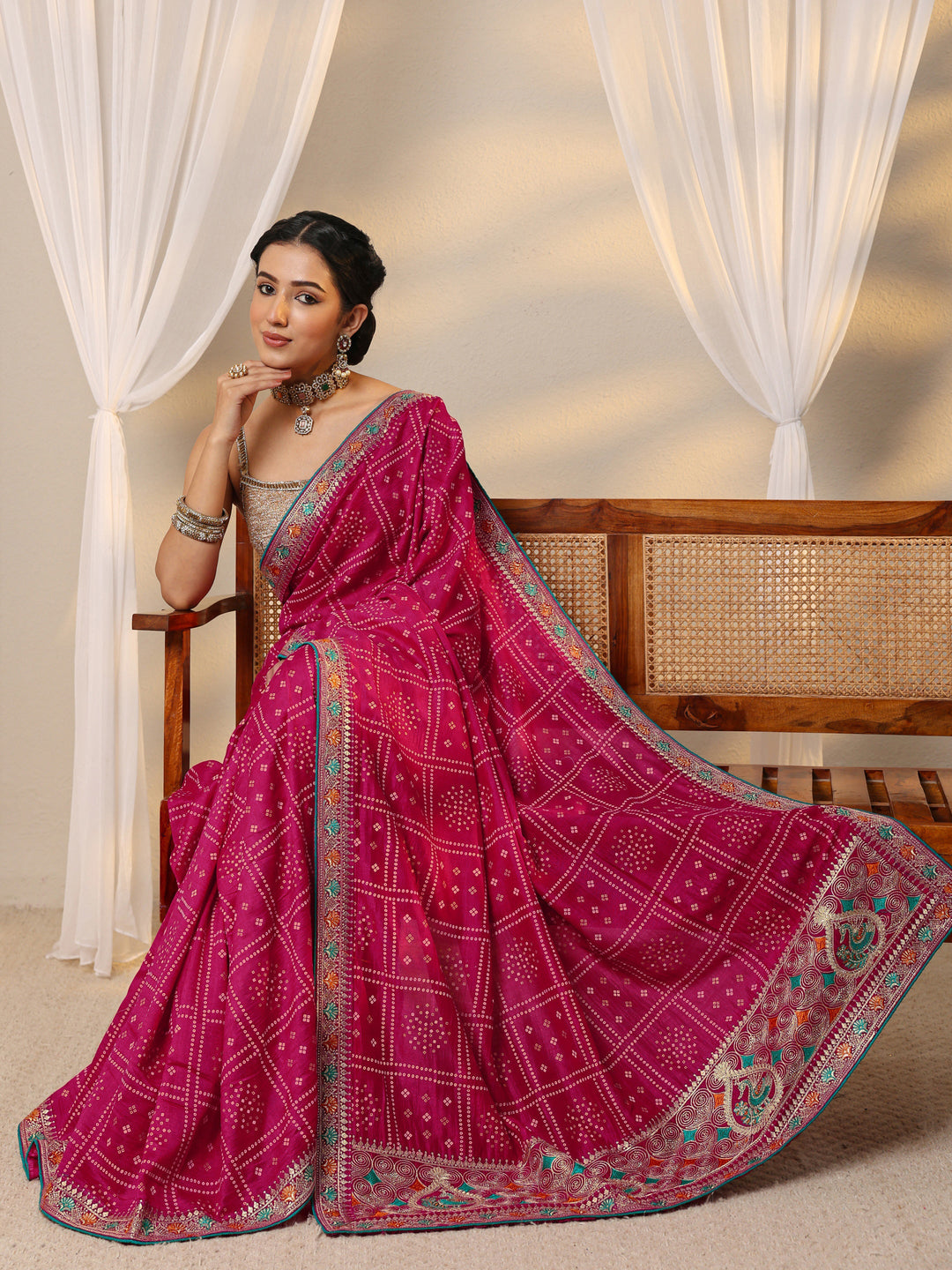  Pink Bandhani Printed Silk Blend Saree With Unstitched Blouse Piece 