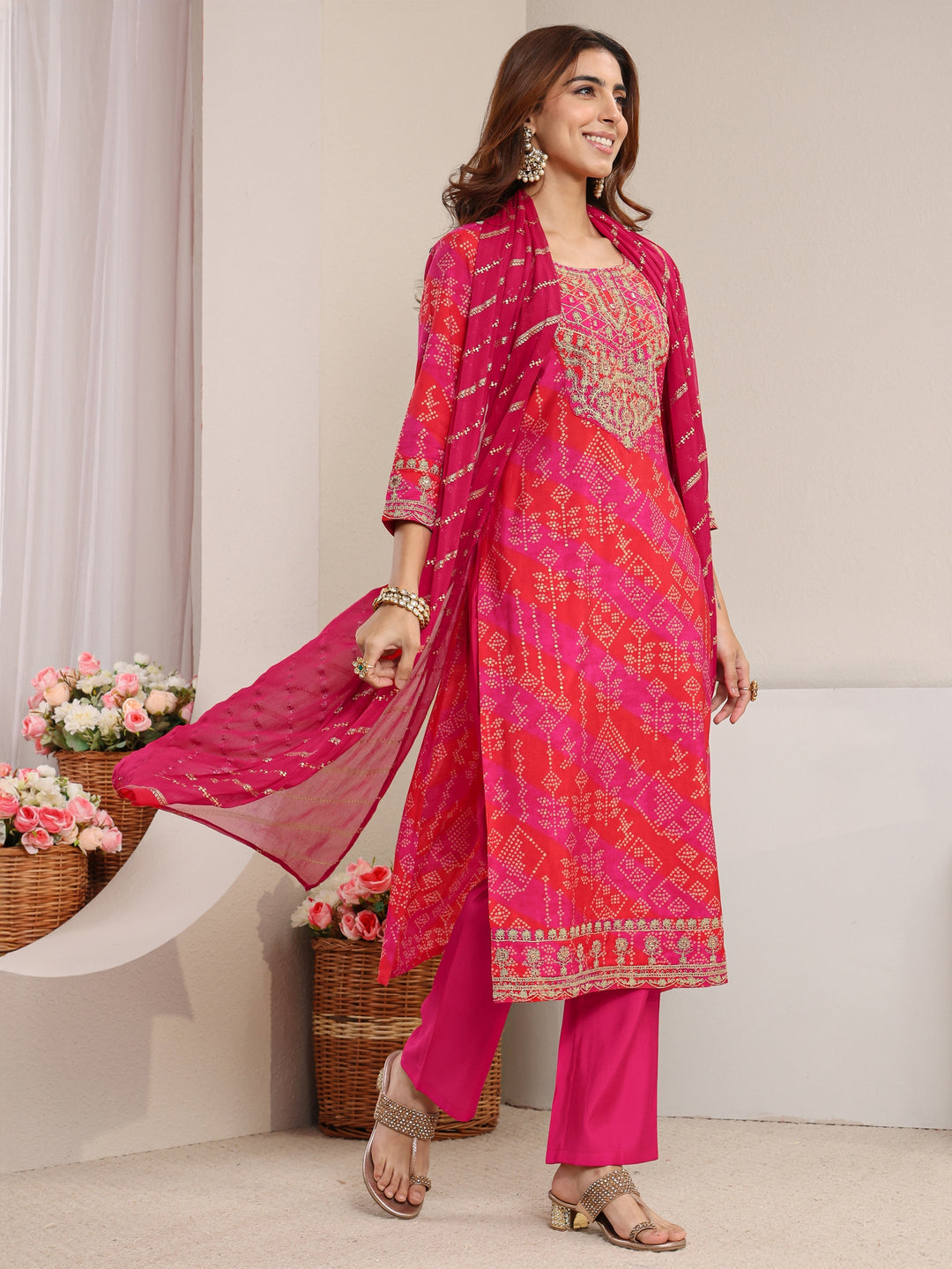 Pink Bandhani Printed Silk Blend Straight Suit Set With Dupatta 