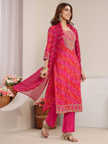 Libas Pink Bandhani Printed Silk Blend Straight Suit Set With Dupatta