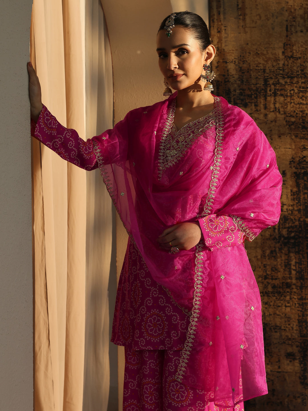  Pink Bandhani Printed Silk Blend Straight Suit Set With Dupatta 