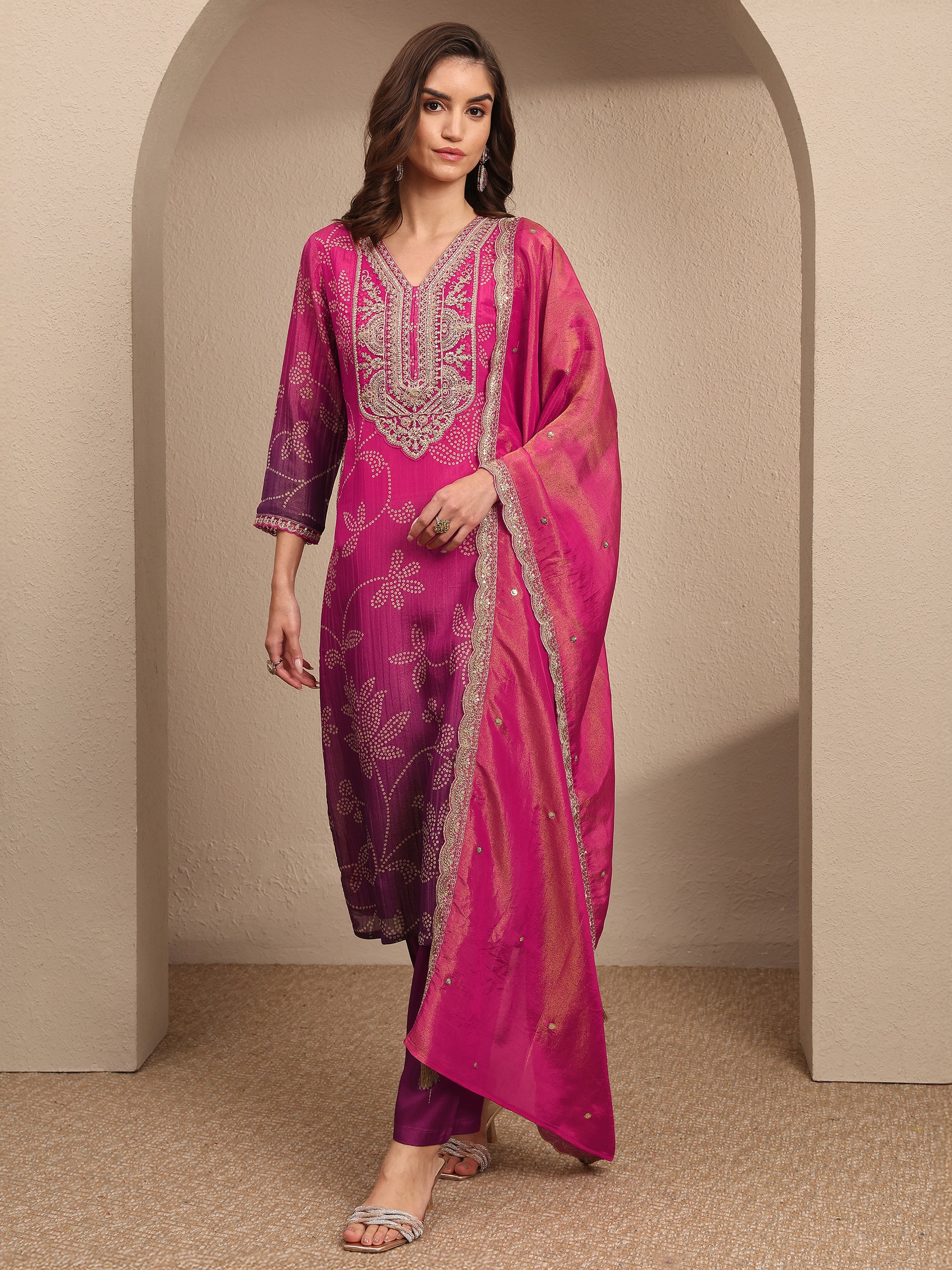 libas Pink Bandhani Printed Silk blend Straight Suit Set With Dupatta-picture-30