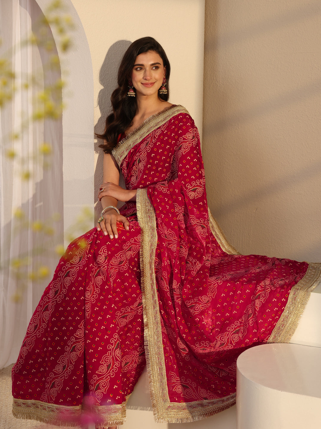  Pink Bandhani Printed Tissue Saree With Unstitched Blouse Piece 