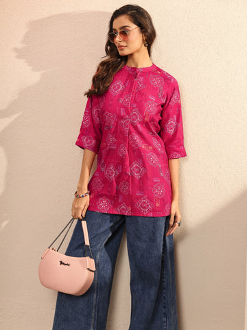 Libas Pink Block Printed Silk Blend Straight Short Kurti