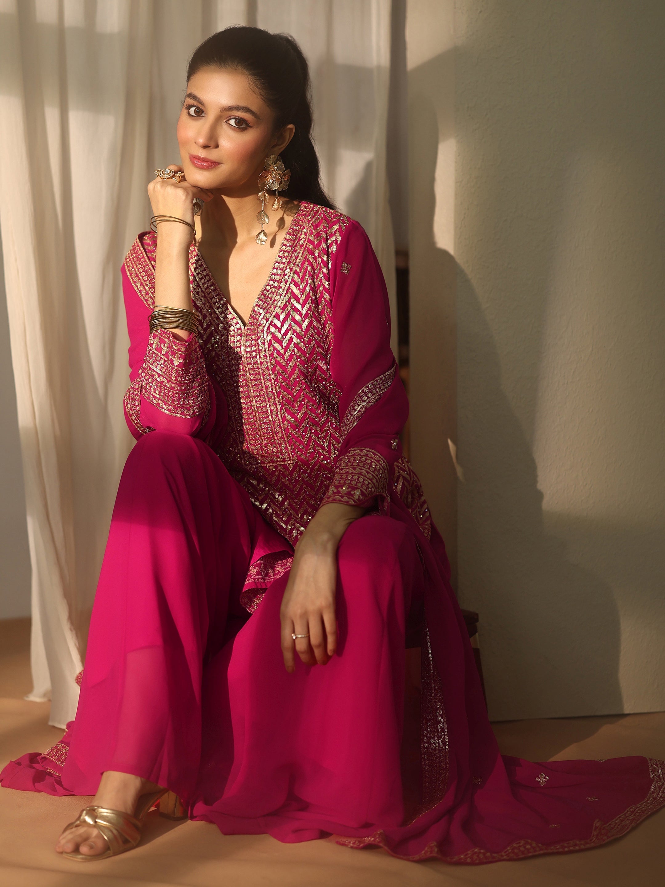 libas Pink Chevron Embroidered Georgette Straight Suit Set With Dupatta-picture-22
