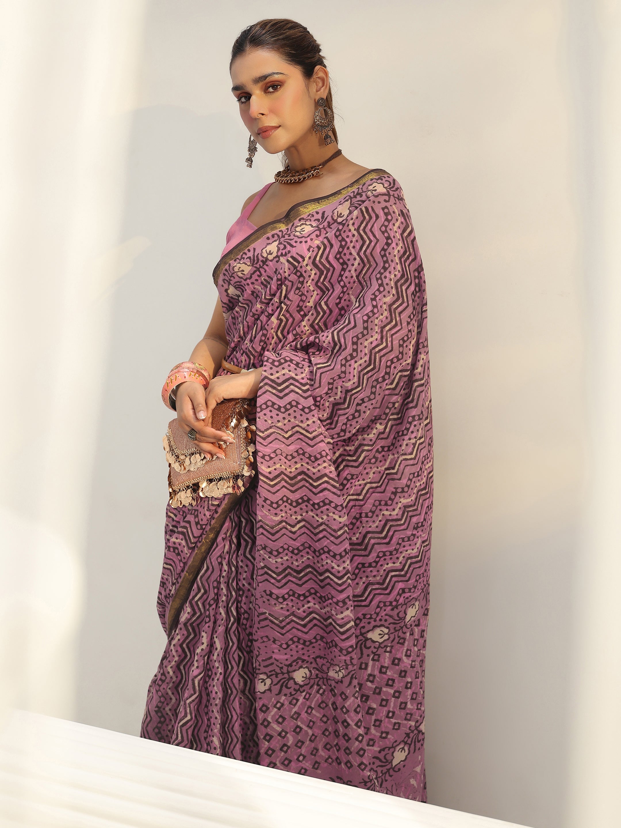 libas Pink Chevron Printed Cotton Saree-picture-47