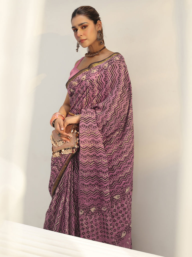 Libas Pink Chevron Printed Cotton Saree