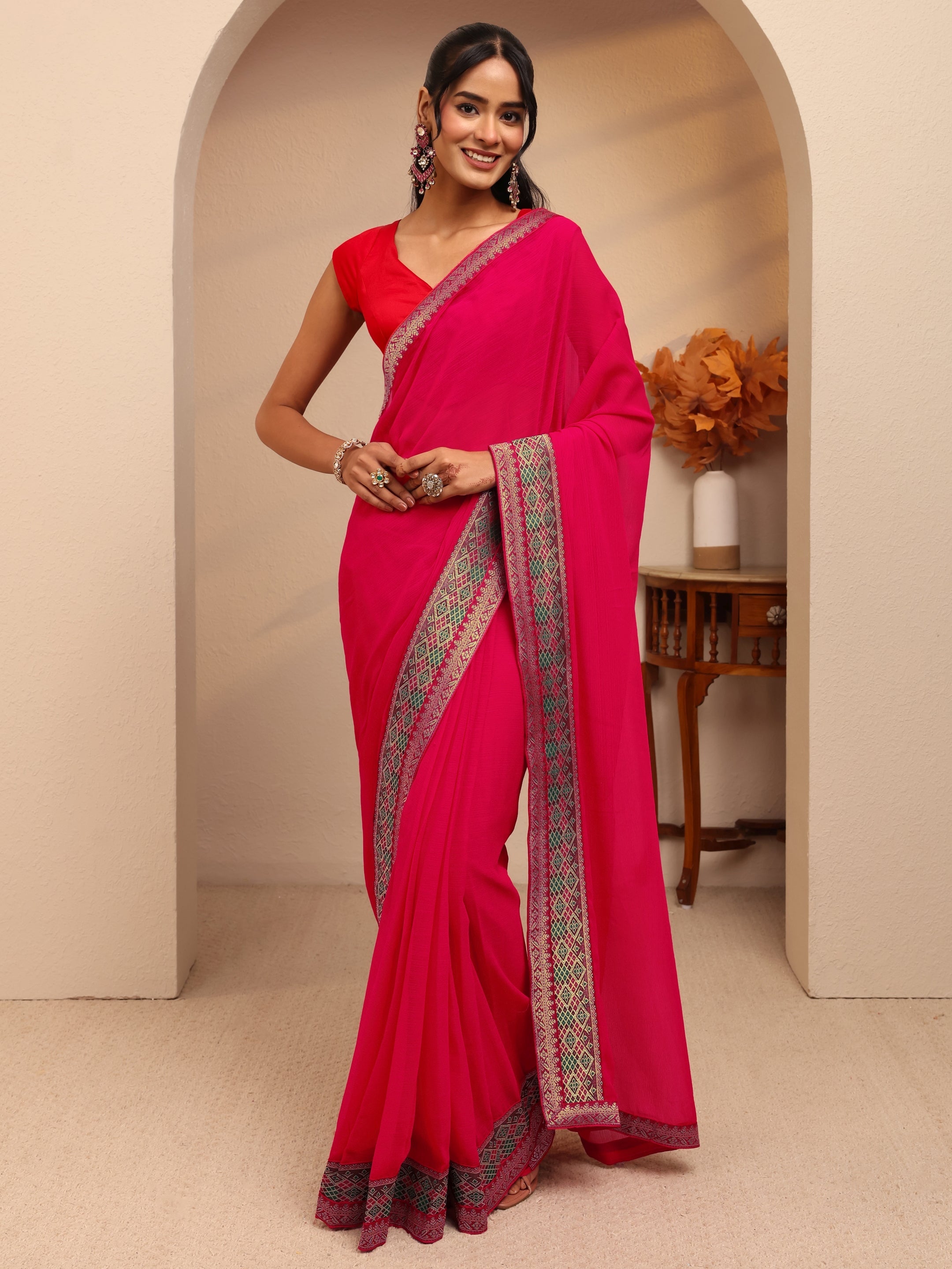 libas Pink Chiffon Pre-Draped Saree-picture-34