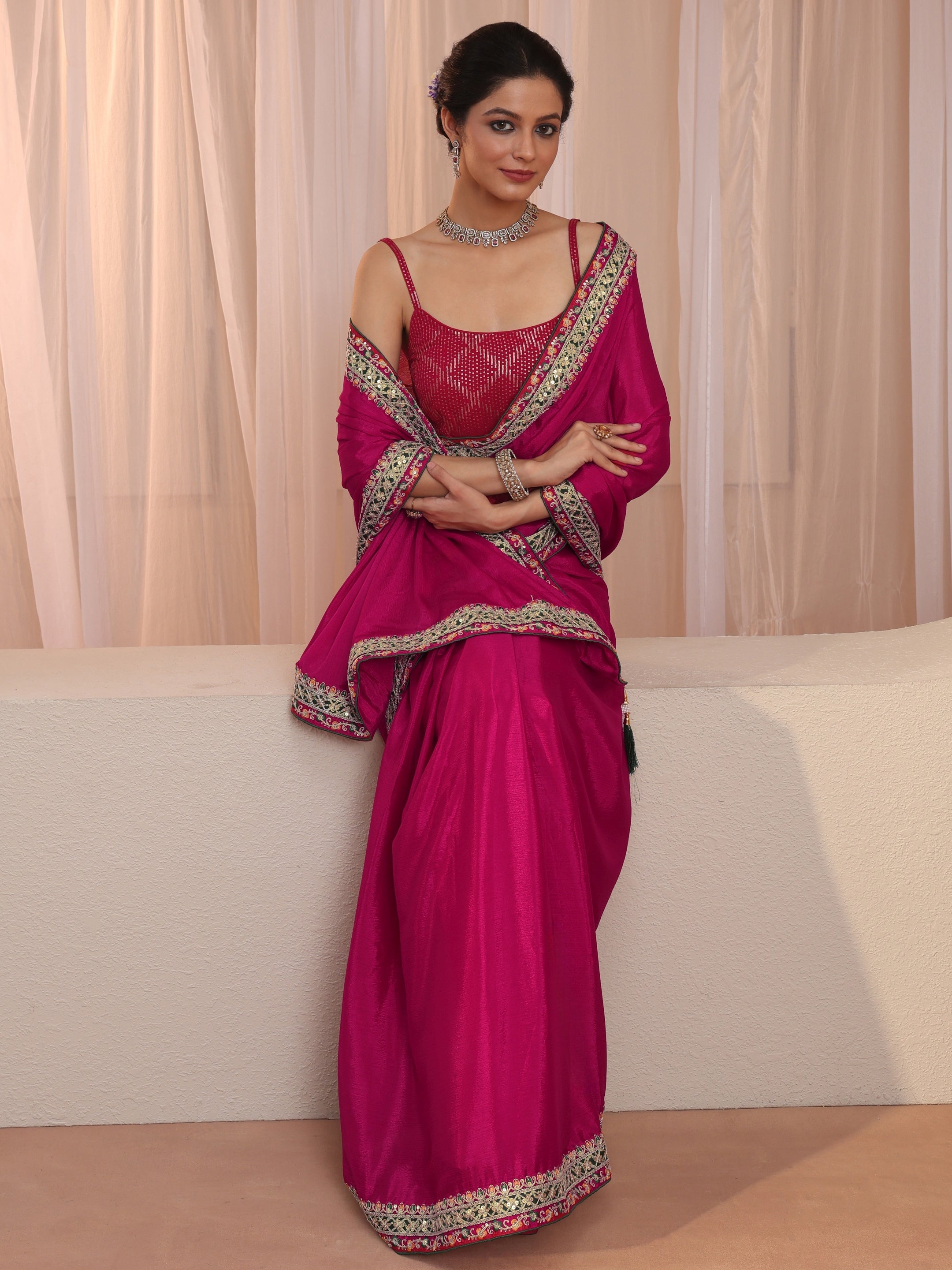 Pink Chiffon Saree With Embroidered Border-image-21