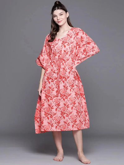 Pink Cotton Printed Kaftan Nightdress - Libas