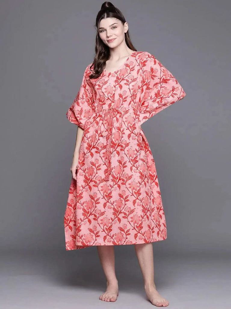 Libas Pink Cotton Printed Kaftan Nightdress