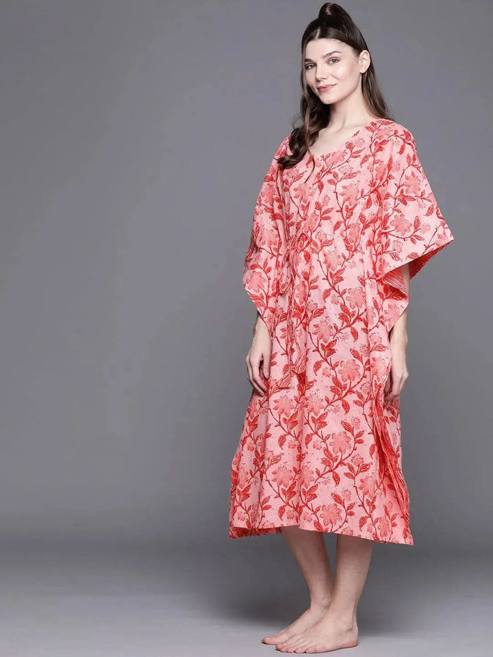 Pink Cotton Printed Kaftan Nightdress - Libas