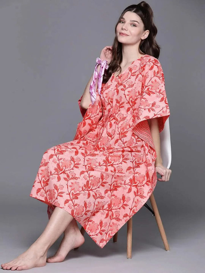 Pink Cotton Printed Kaftan Nightdress - Libas