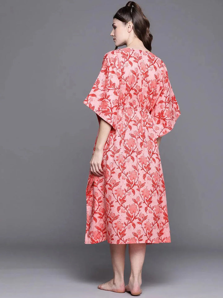 Pink Cotton Printed Kaftan Nightdress - Libas