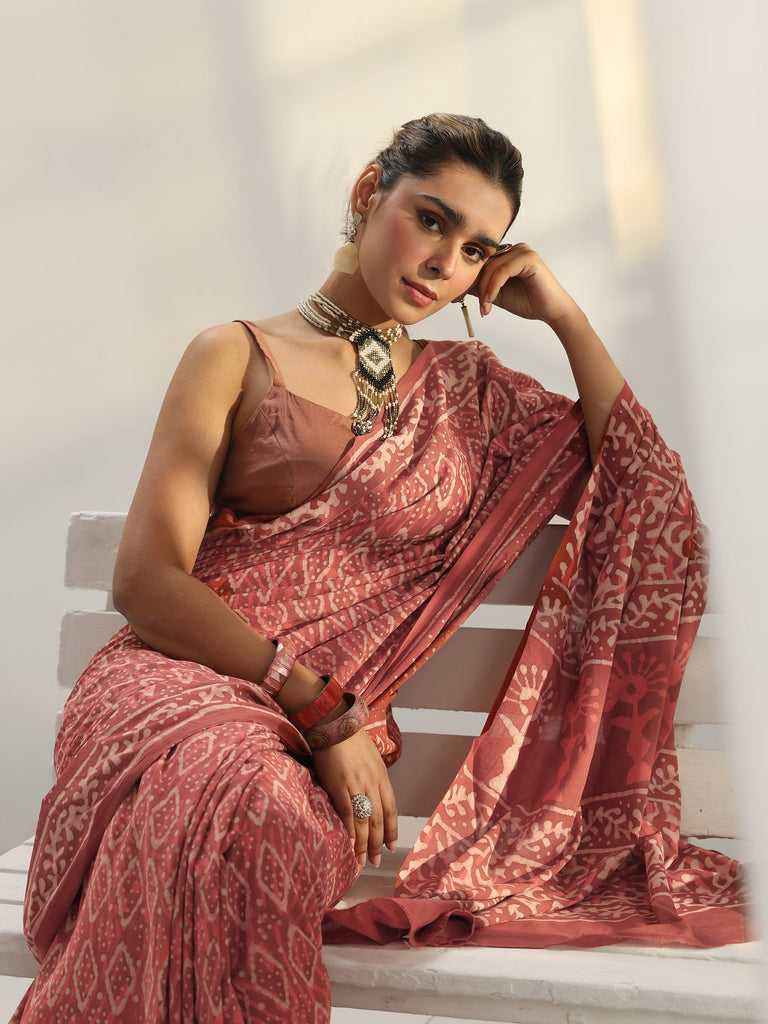 Libas Pink Dabu Print Cotton Saree