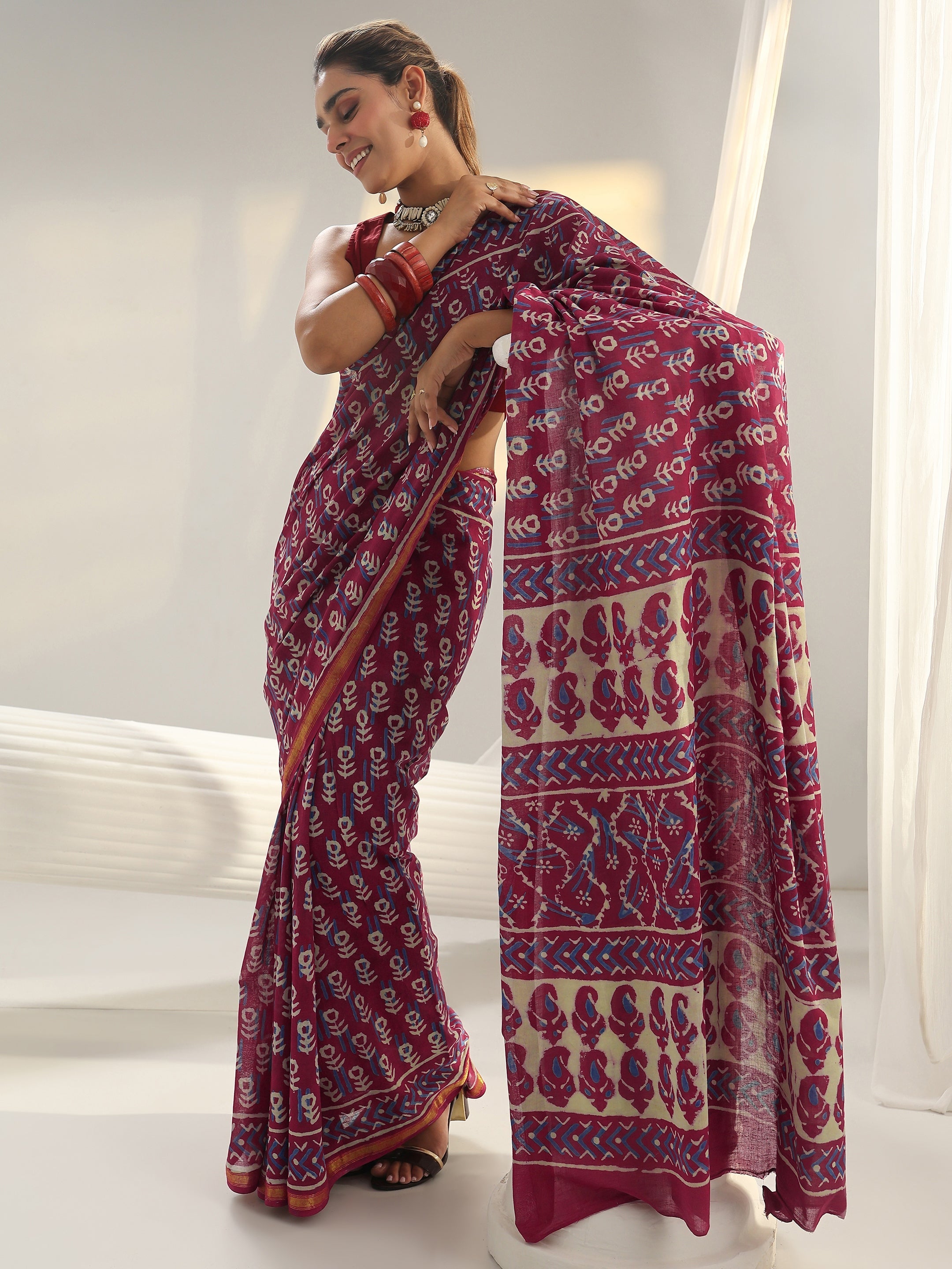 Libas Pink Dabu Print Cotton Saree-picture-63