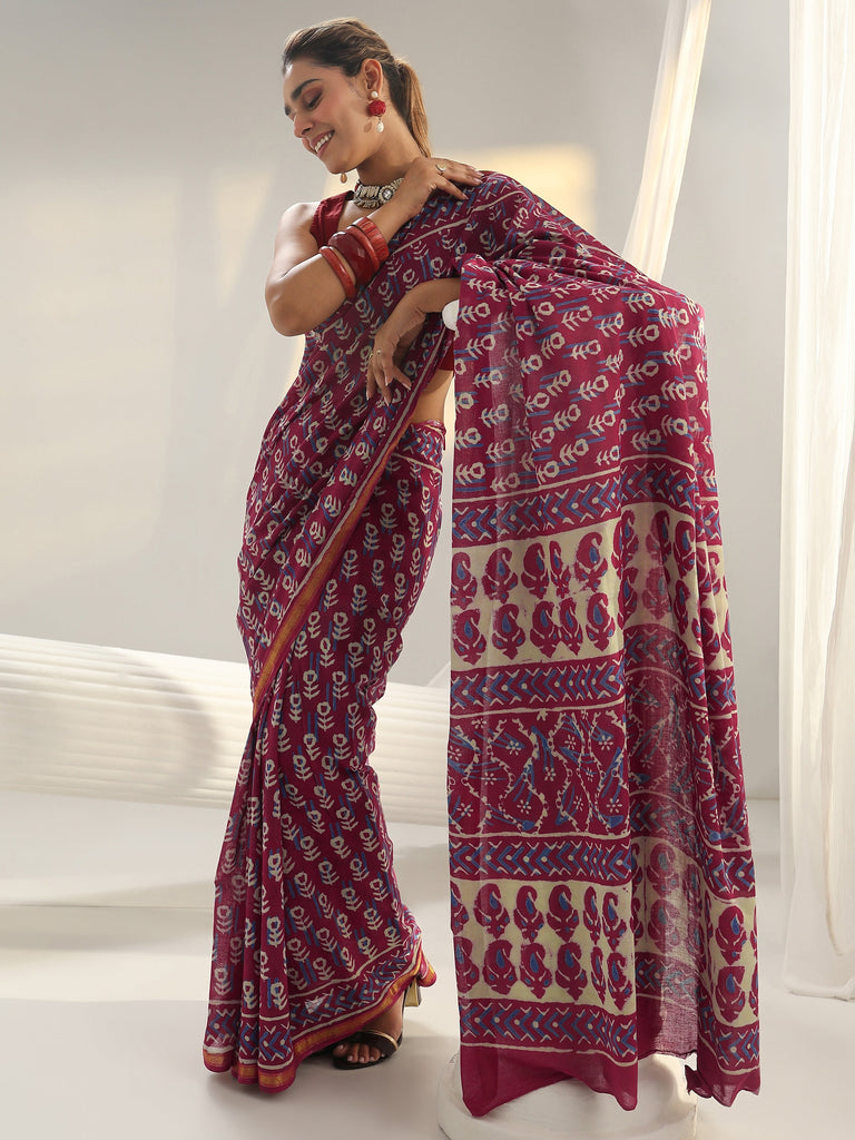Libas Pink Dabu Print Cotton Saree