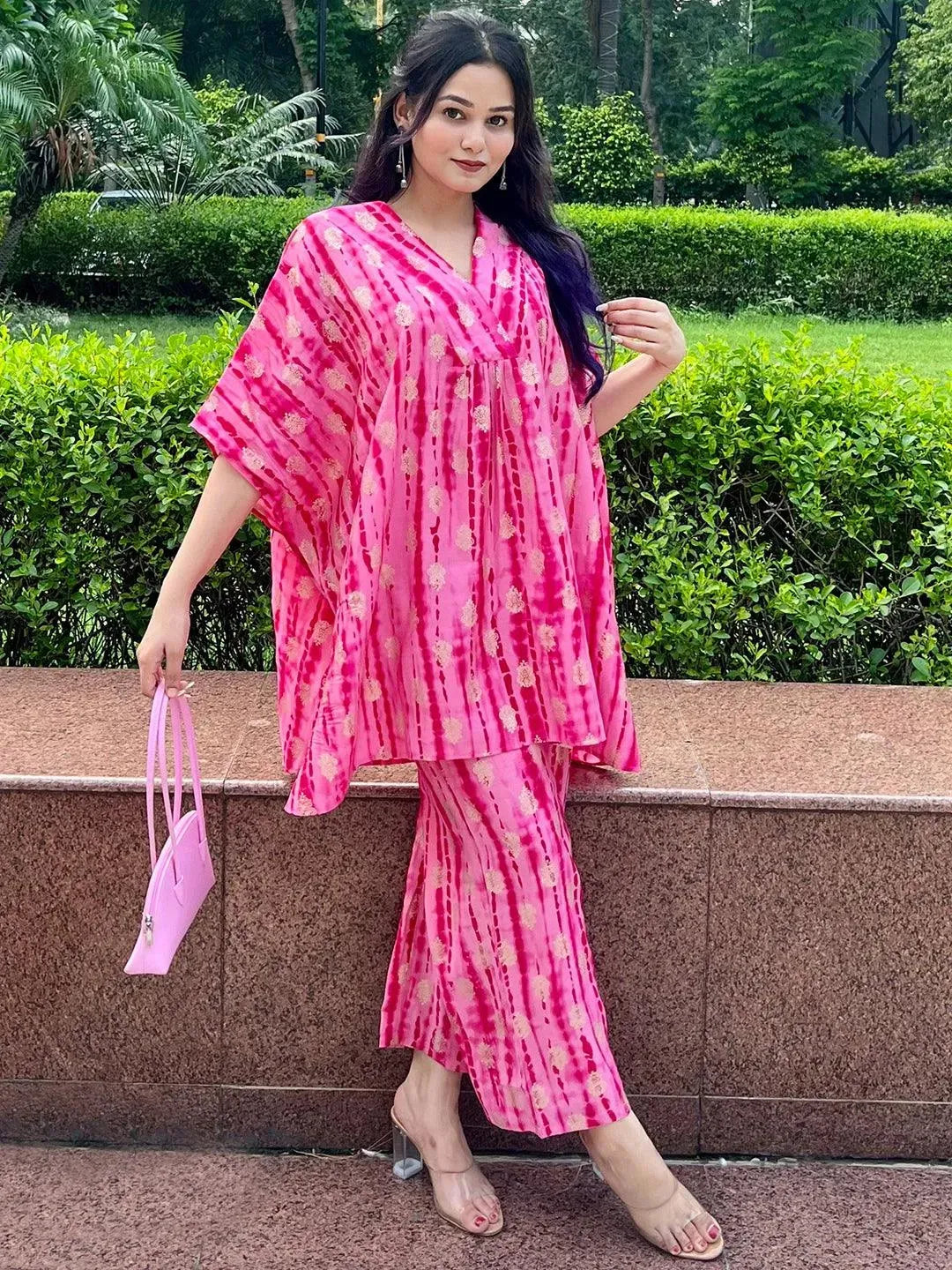 Pink Dyed Silk Blend Kaftan Kaftan With Palazzos - Libas