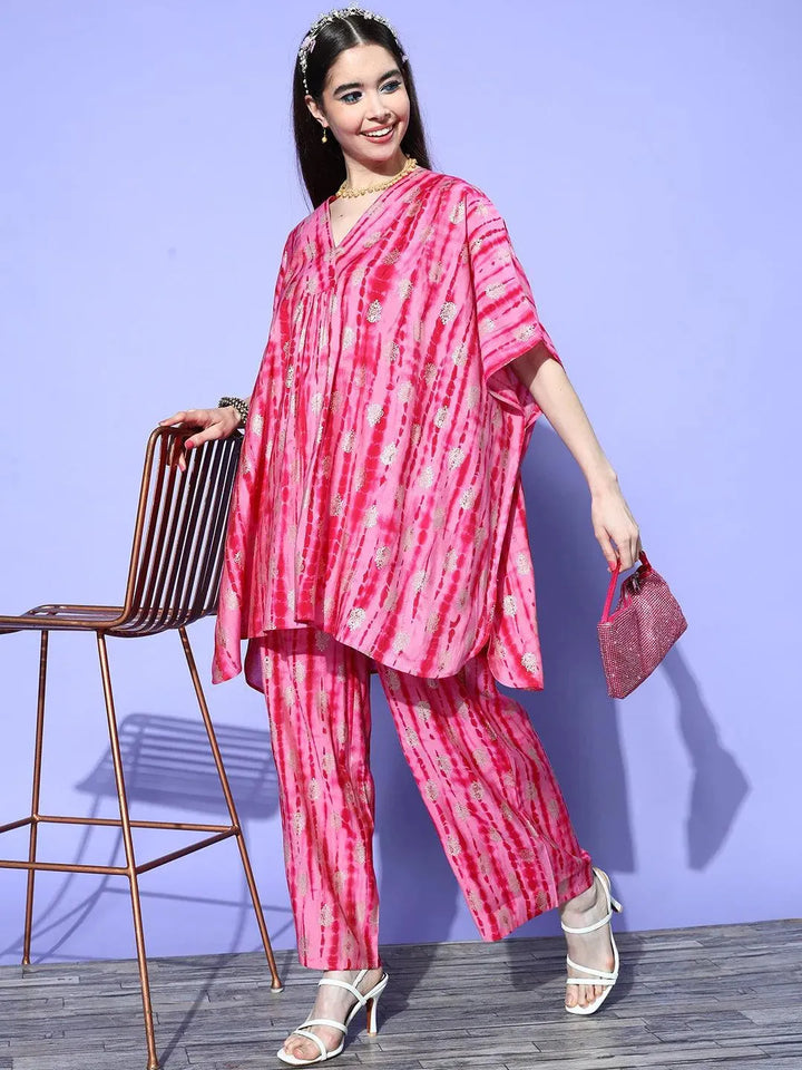 Pink Dyed Silk Blend Kaftan Kaftan With Palazzos - Libas