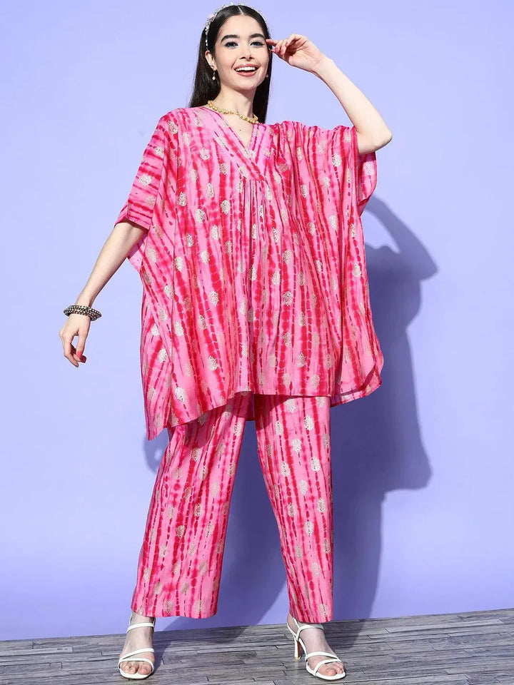 Pink Dyed Silk Blend Kaftan Kaftan With Palazzos - Libas