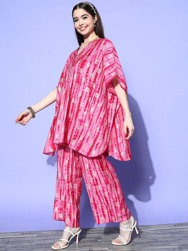 Pink Dyed Silk Blend Kaftan Kaftan With Palazzos - Libas