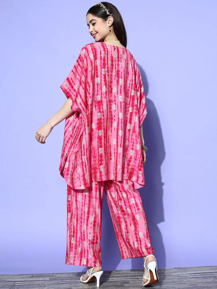 Pink Dyed Silk Blend Kaftan Kaftan With Palazzos - Libas