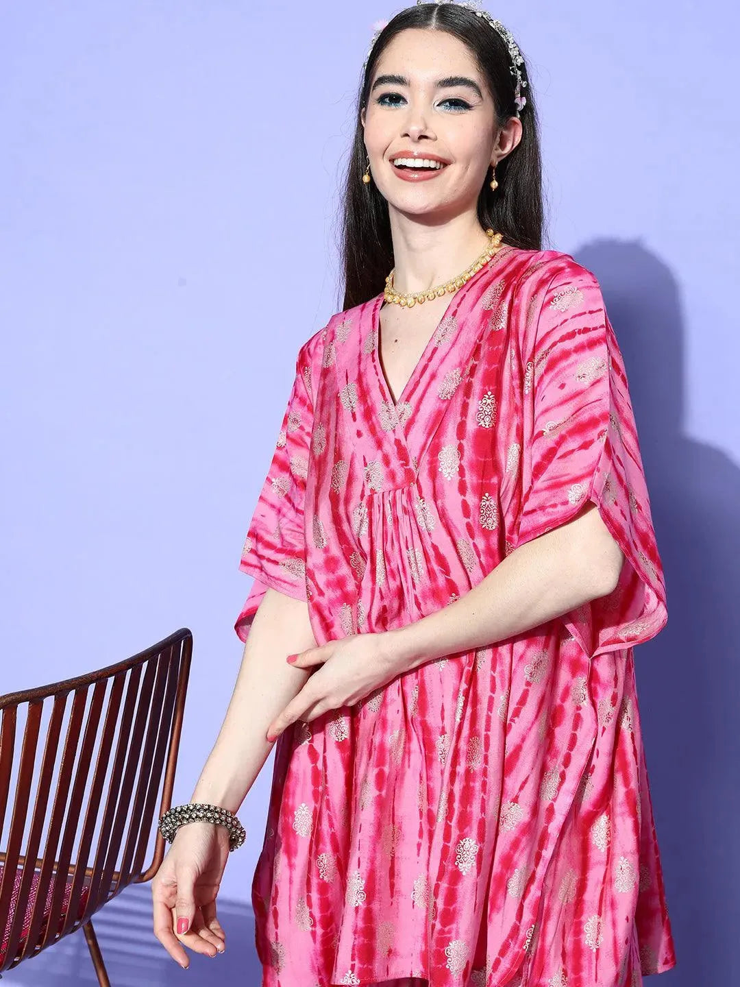 Pink Dyed Silk Blend Kaftan Kaftan With Palazzos - Libas 